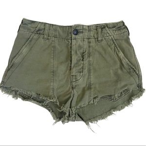 Free People Shorts Women 2 Green High Waist Raw Hem Button Fly Distressed Summer